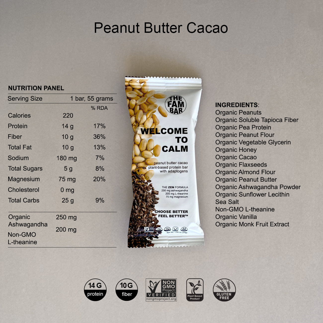 Peanut Butter Cacao Plant-Based Protein Bar with Adaptogens