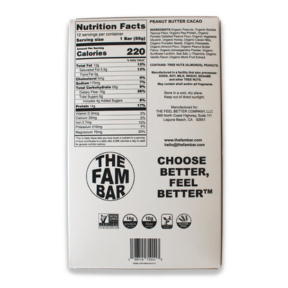 Box of delicious protein bars - The FAM Bar peanut butter cacao